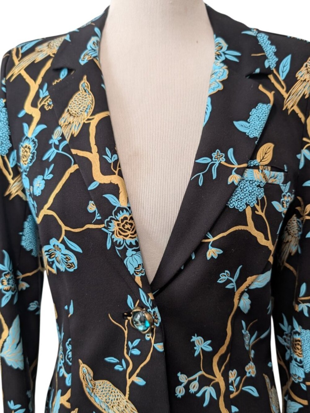Soft Surroundings Size S Black Blue Gold Chinoiserie Bird Floral Blazer Pant Set - Picture 5 of 12